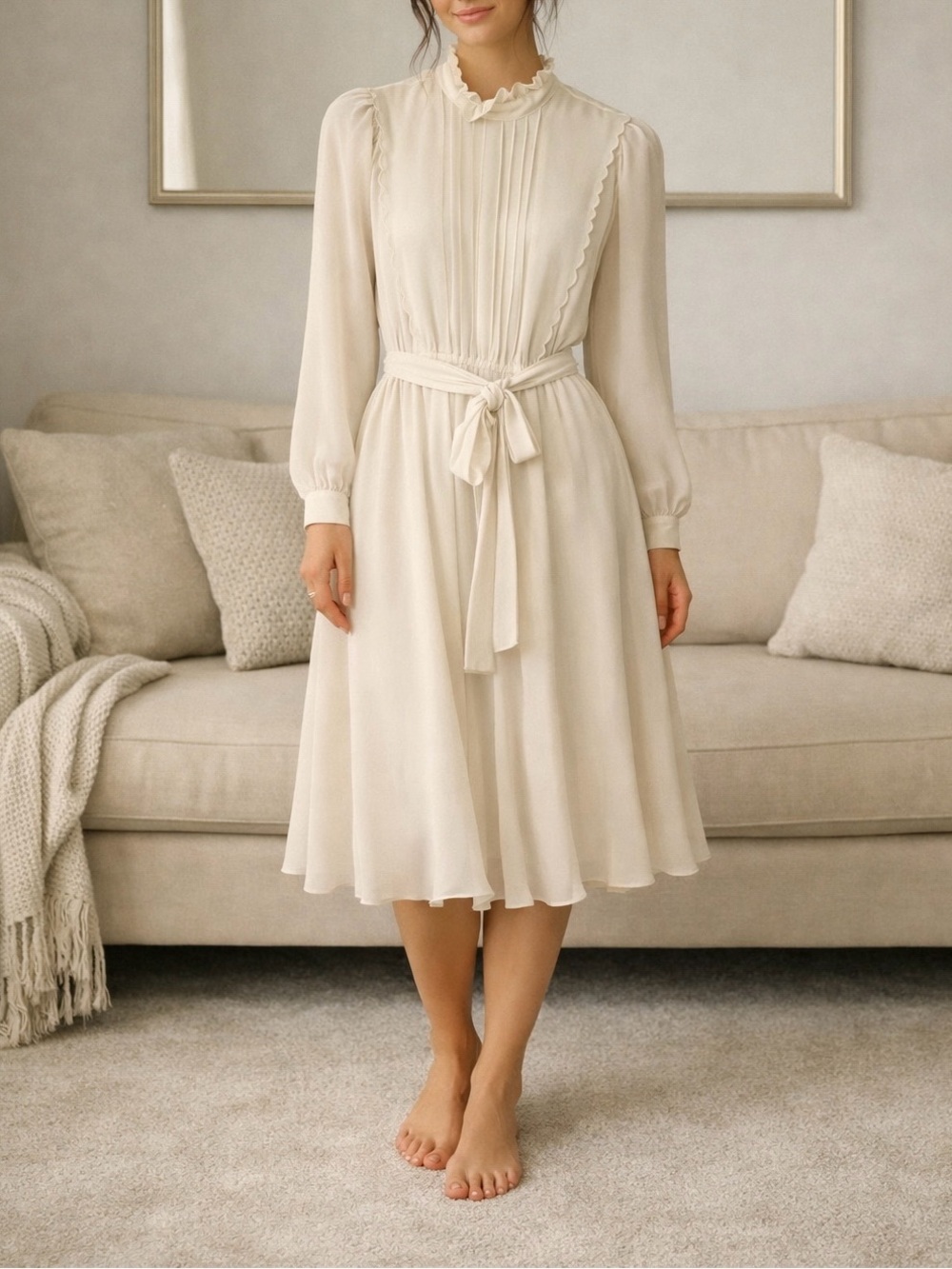 Vintage Cream Ruffle‑Neck Pleated Midi Dress with Belt